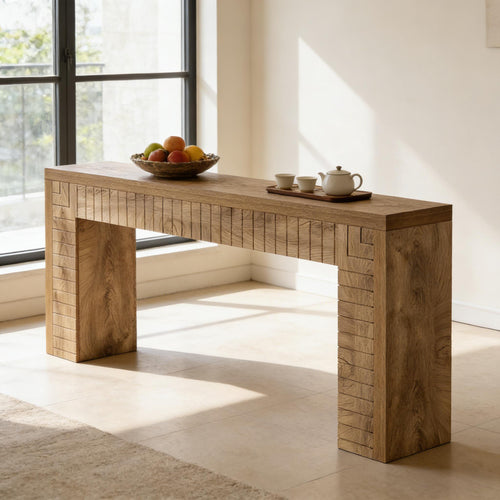 Long Hall Console Table — Grooved, Warm Wood, 70.9"