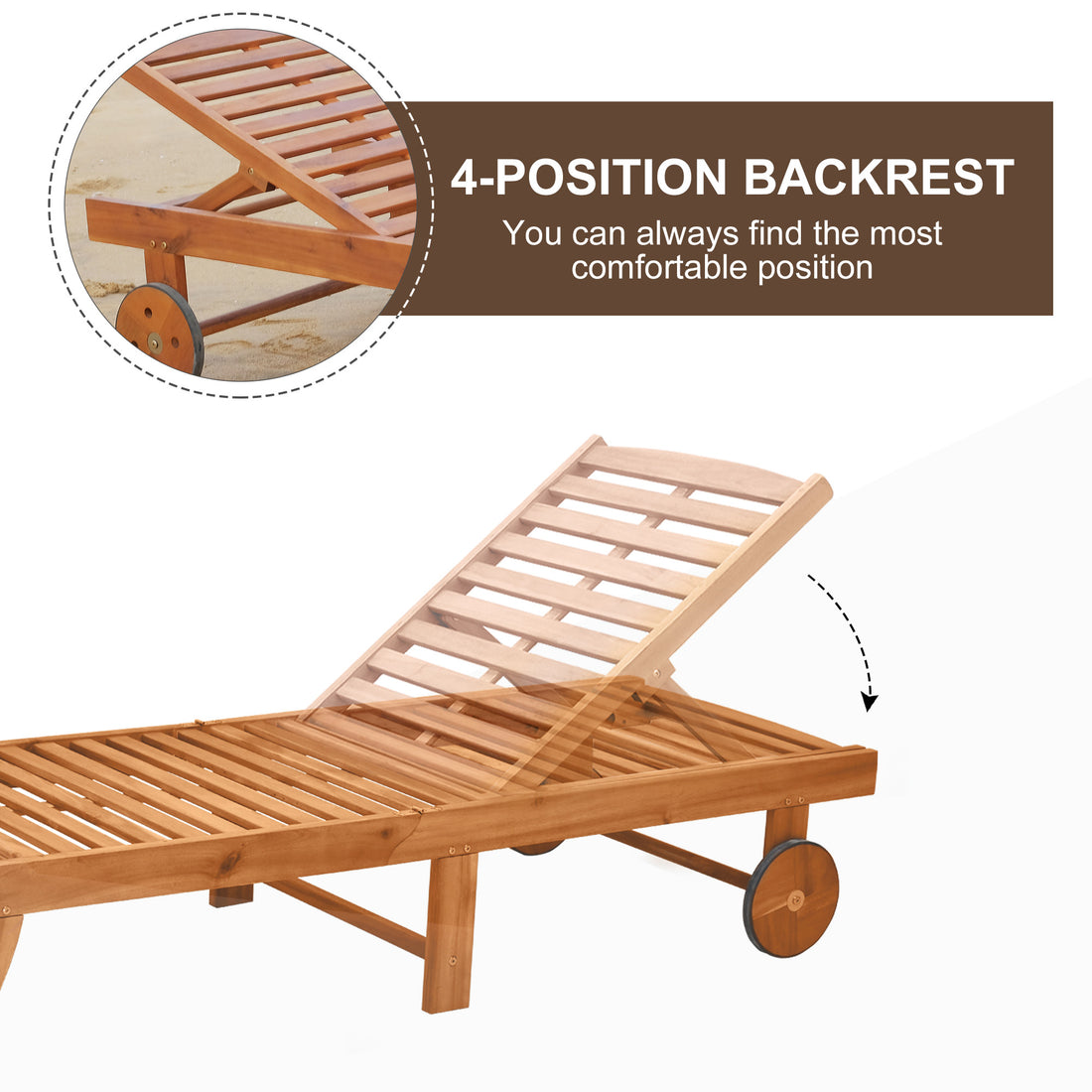 Sun Lounger — Acacia Wood Chaise with Wheels