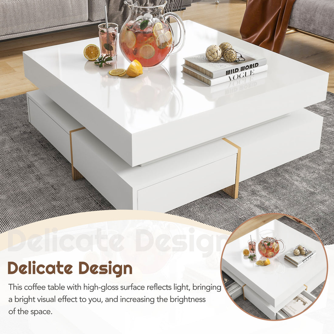 Bright Square — High-Gloss Coffee Table with 4 Drawers