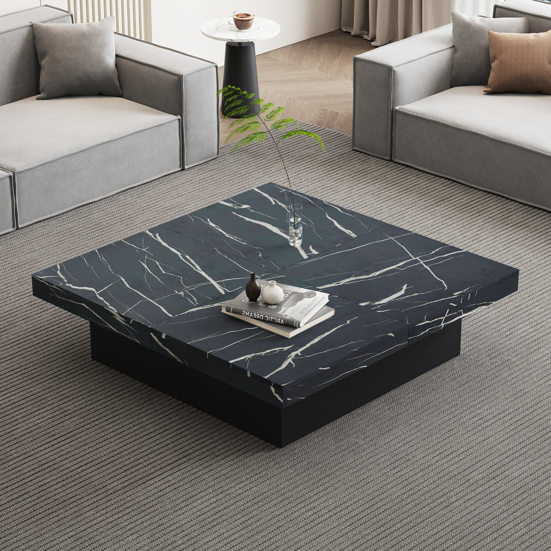 Quiet Square — Marble-Look Coffee Table with Sliding Drawers