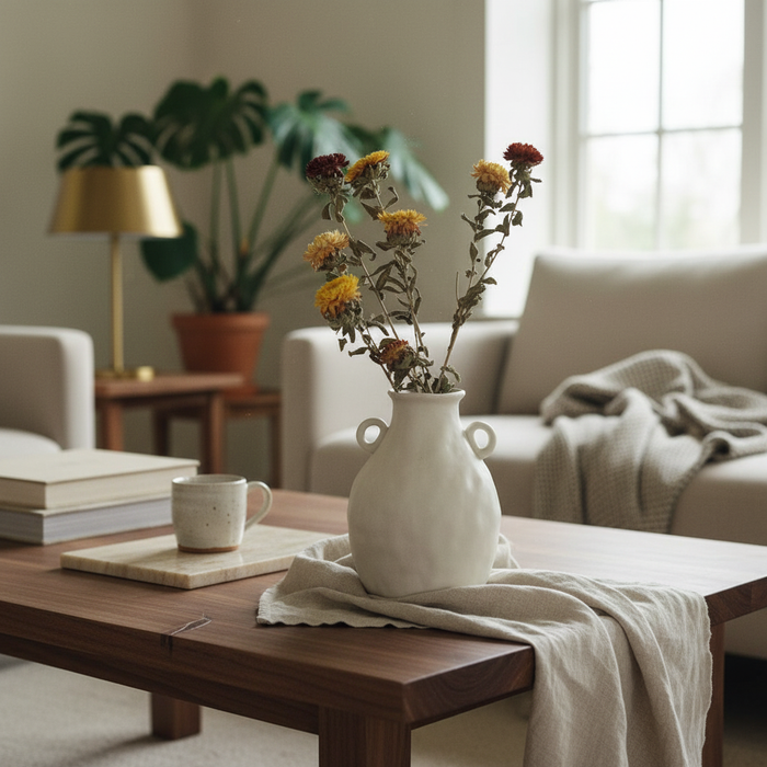 Nestora ceramic vase on a console catching afternoon light from the window