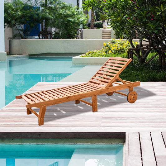Sun Lounger — Acacia Wood Chaise with Wheels