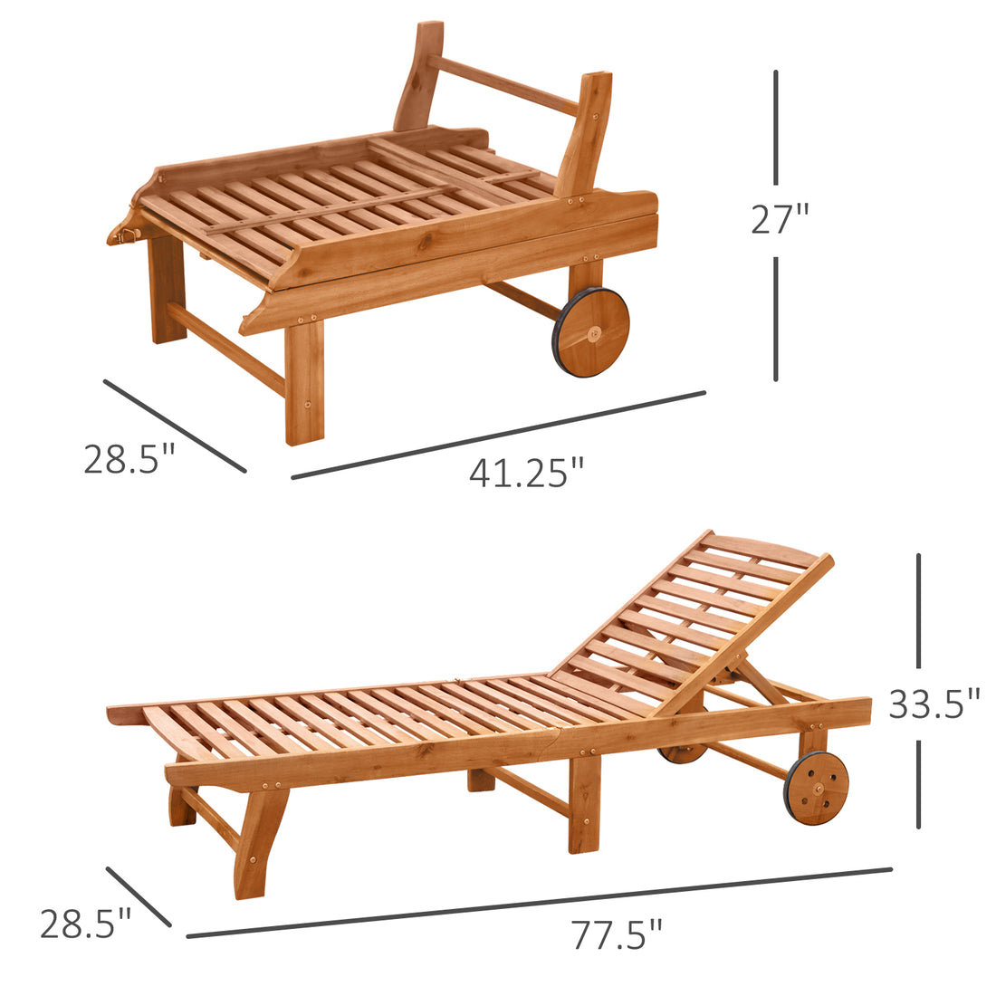 Sun Lounger — Acacia Wood Chaise with Wheels