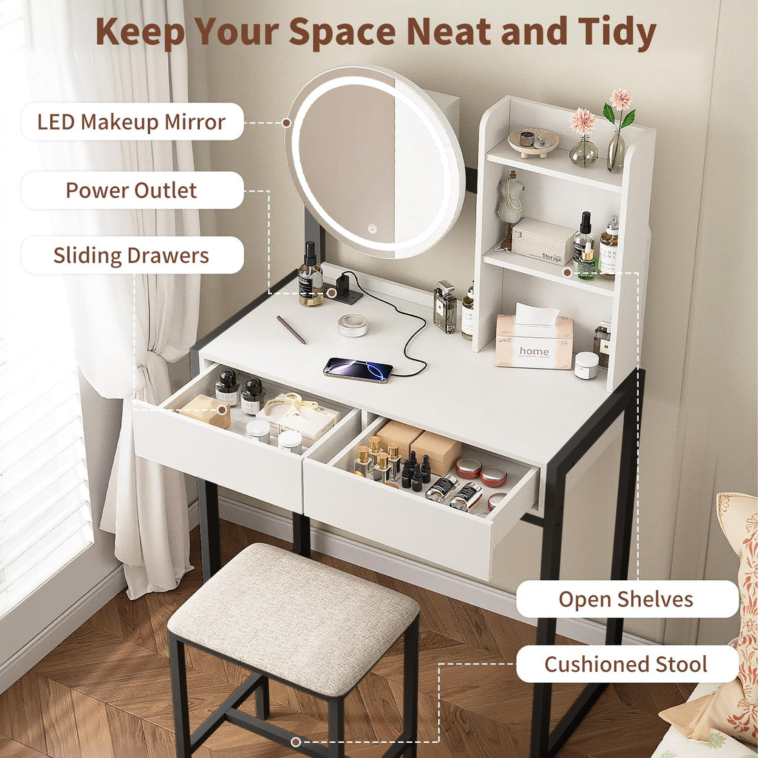 Quiet Hours — Lit Vanity Desk with Cushioned Stool