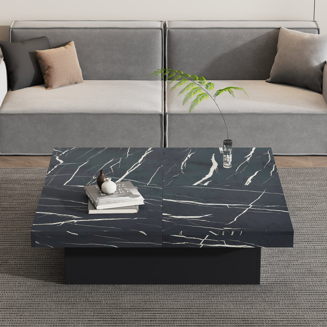 Quiet Square — Marble-Look Coffee Table with Sliding Drawers