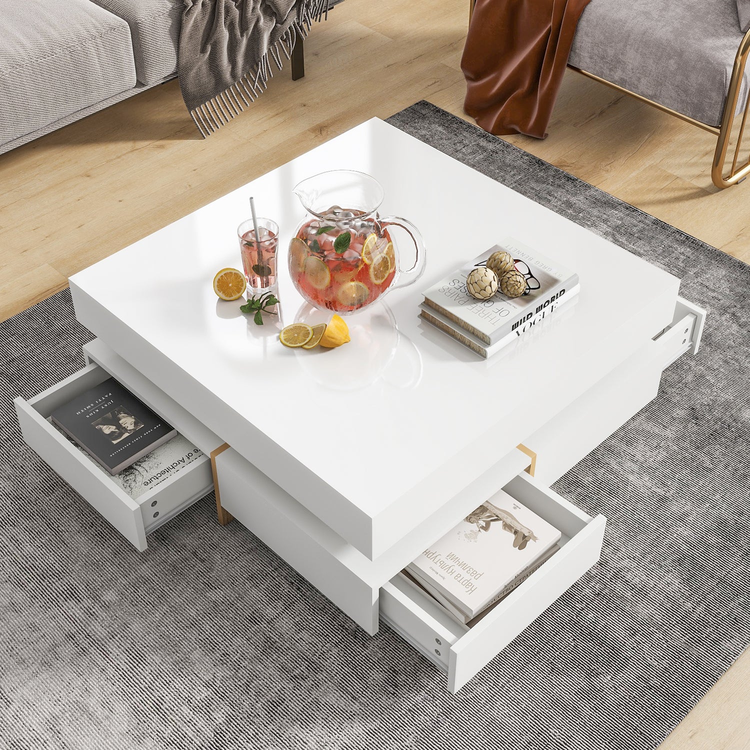 Bright Square — High-Gloss Coffee Table with 4 Drawers