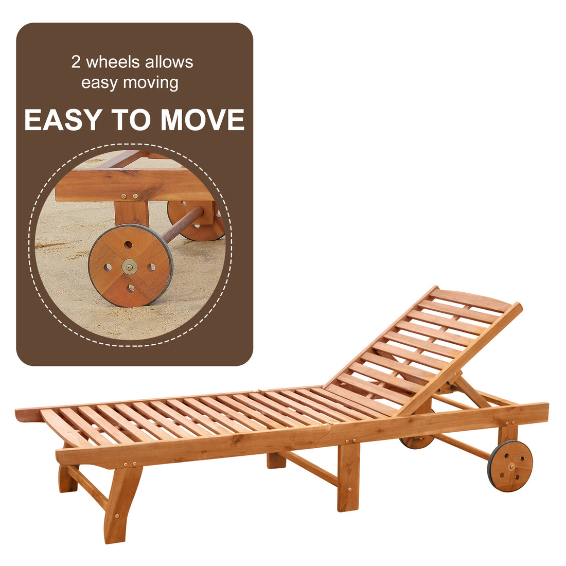 Sun Lounger — Acacia Wood Chaise with Wheels