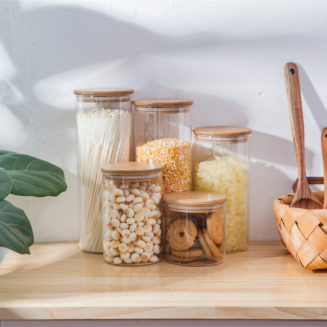 Pantry Set — Glass Jars with Bamboo-Toned Wood Lids