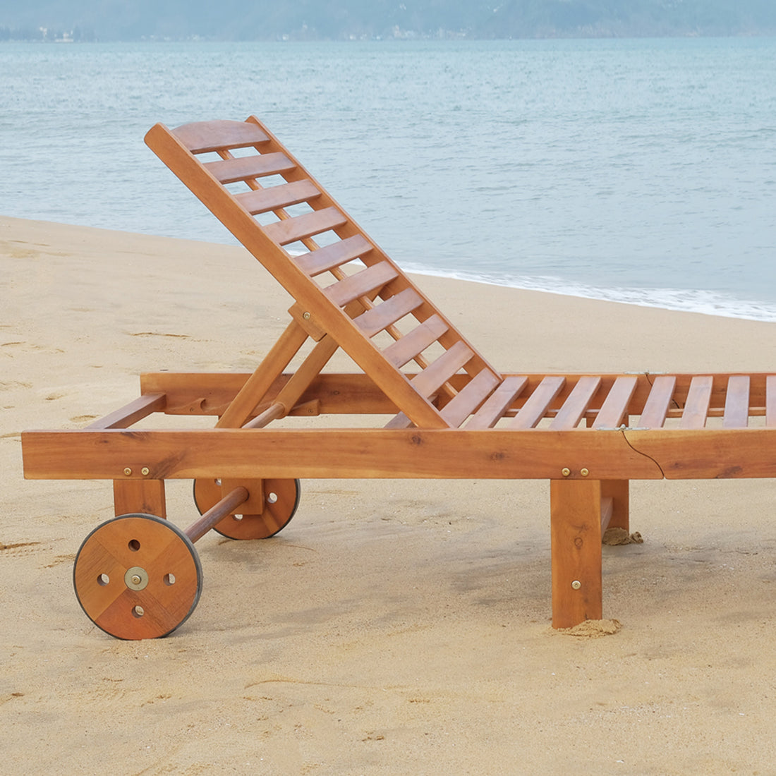 Sun Lounger — Acacia Wood Chaise with Wheels