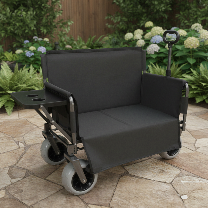 Nestora wagon parked as a bench at a tailgate, tabletop folded out