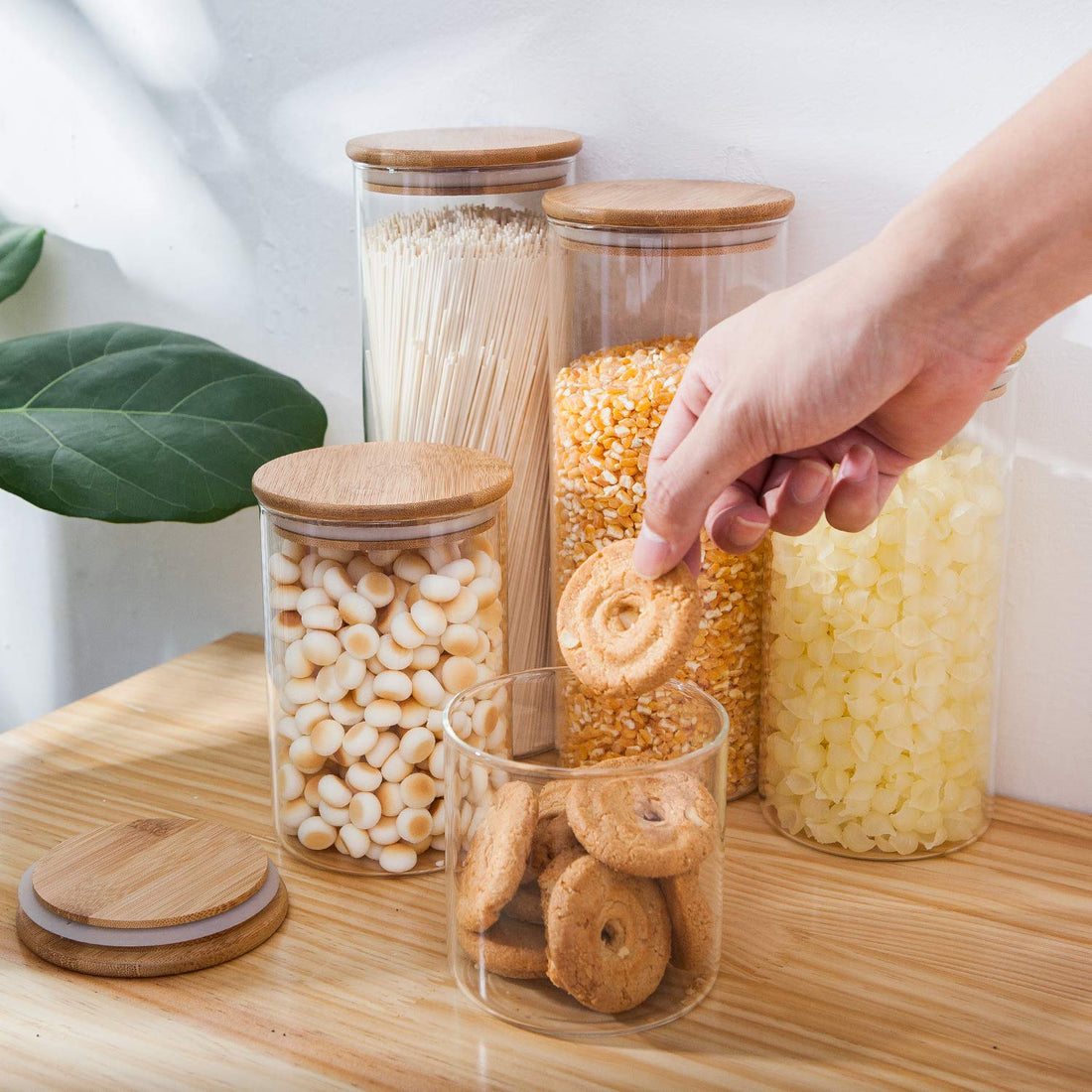 Pantry Set — Glass Jars with Bamboo-Toned Wood Lids