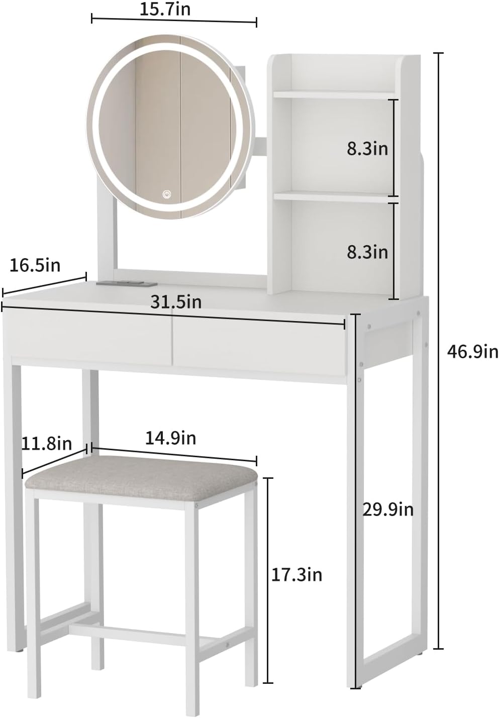 Quiet Hours — Compact Vanity with LED Mirror & Stool