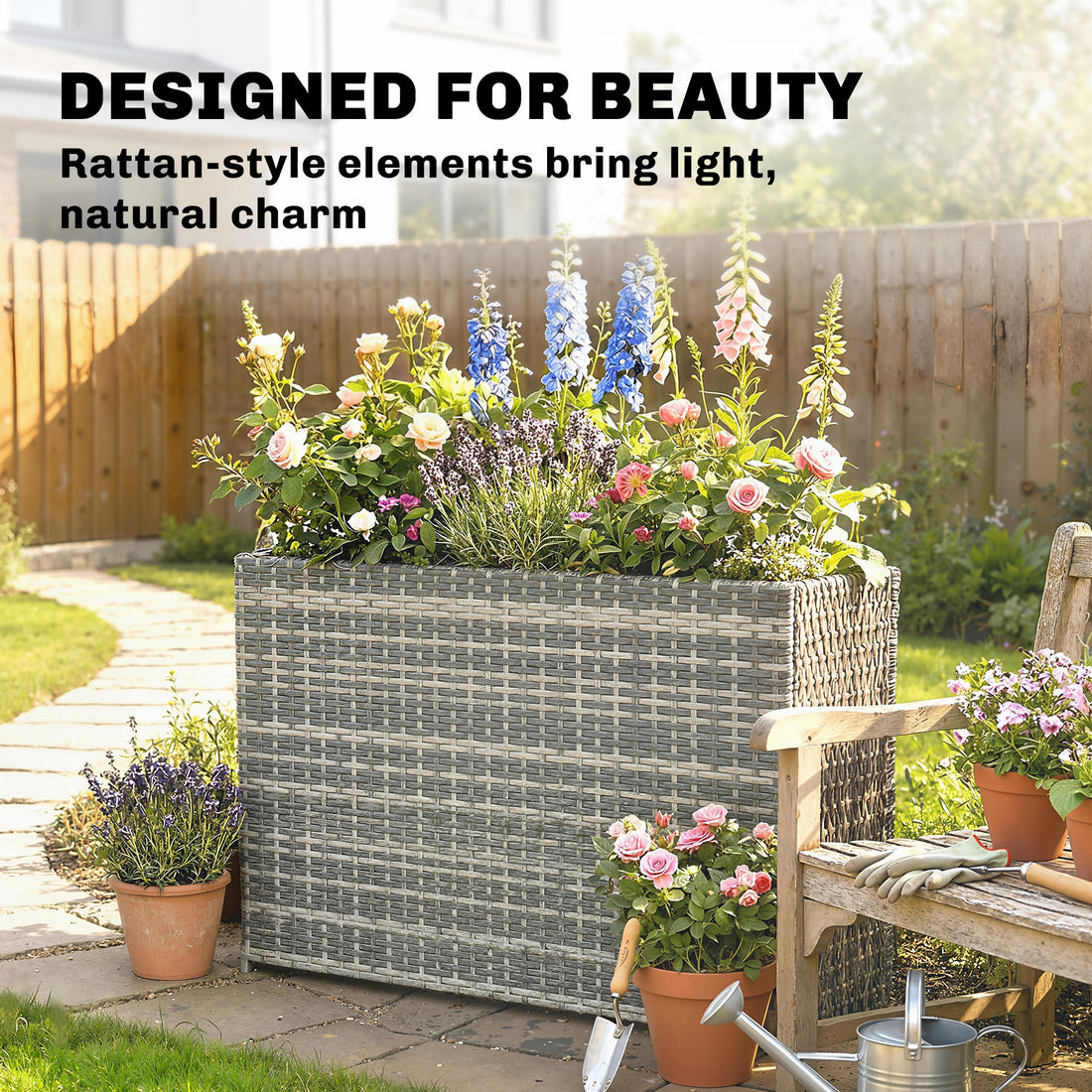 Garden Bench — Woven Wicker Planter Box