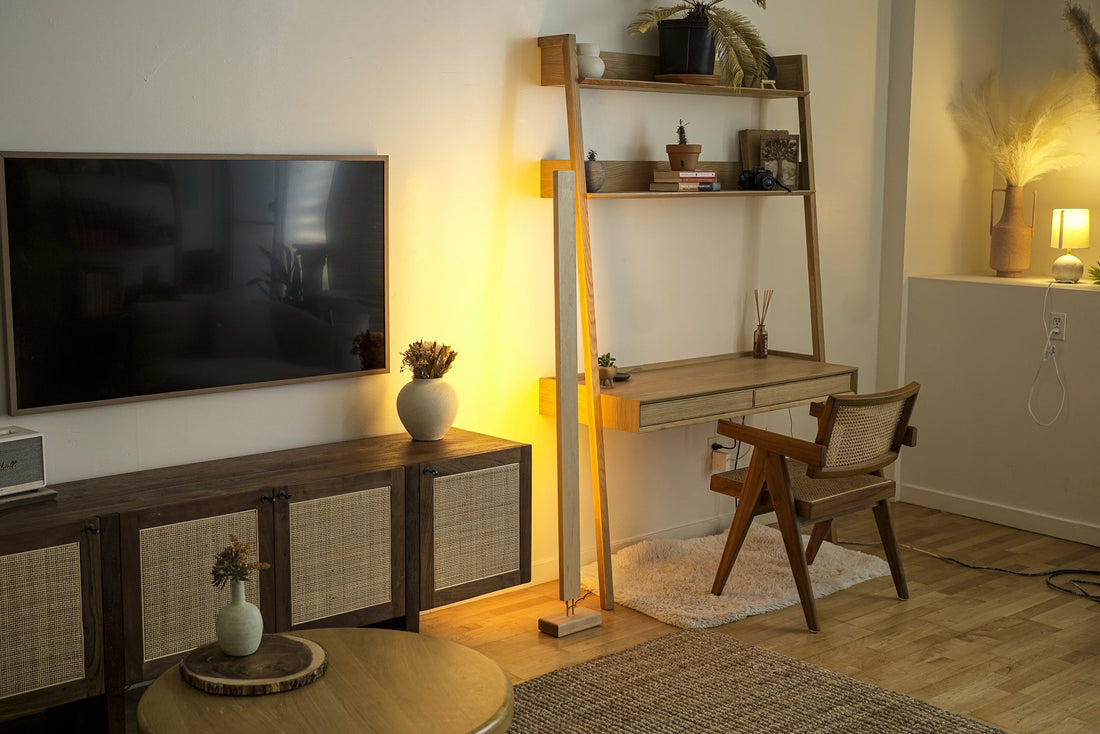 Quiet Beam — Hardwood LED Floor Lamp with Color Glow