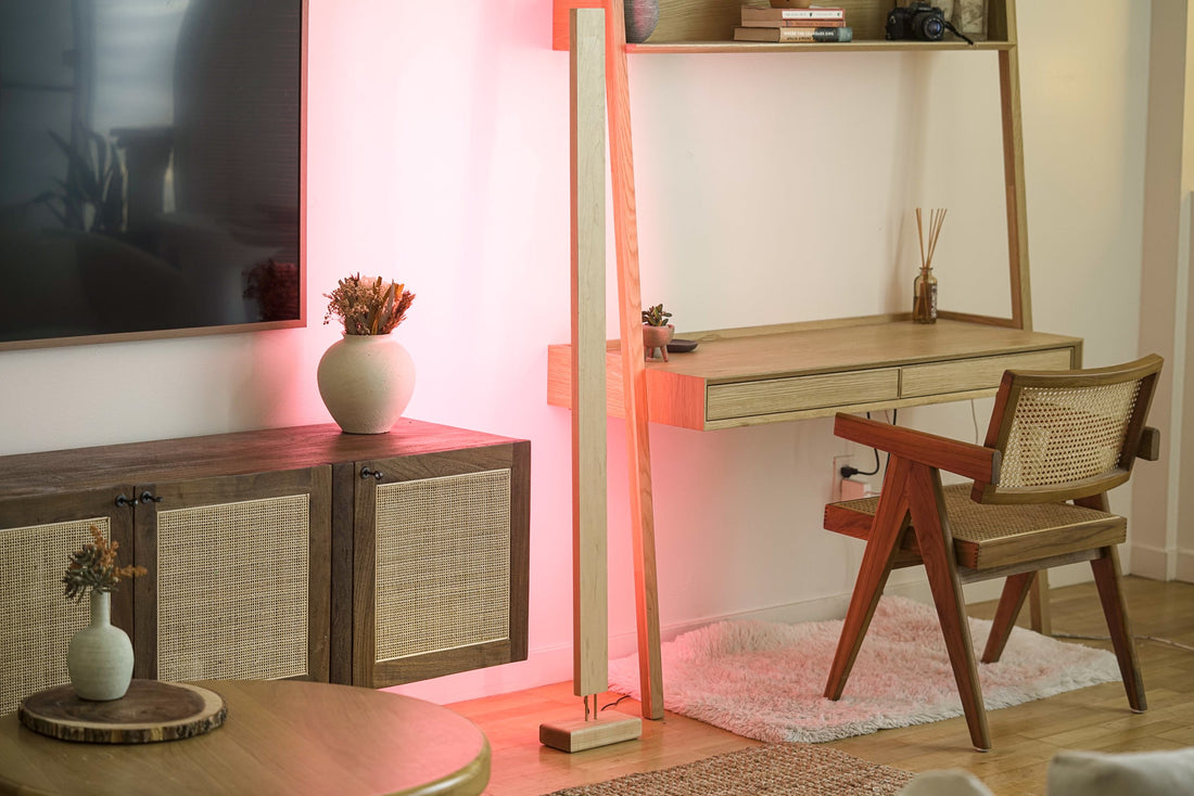 Quiet Beam — Hardwood LED Floor Lamp with Color Glow