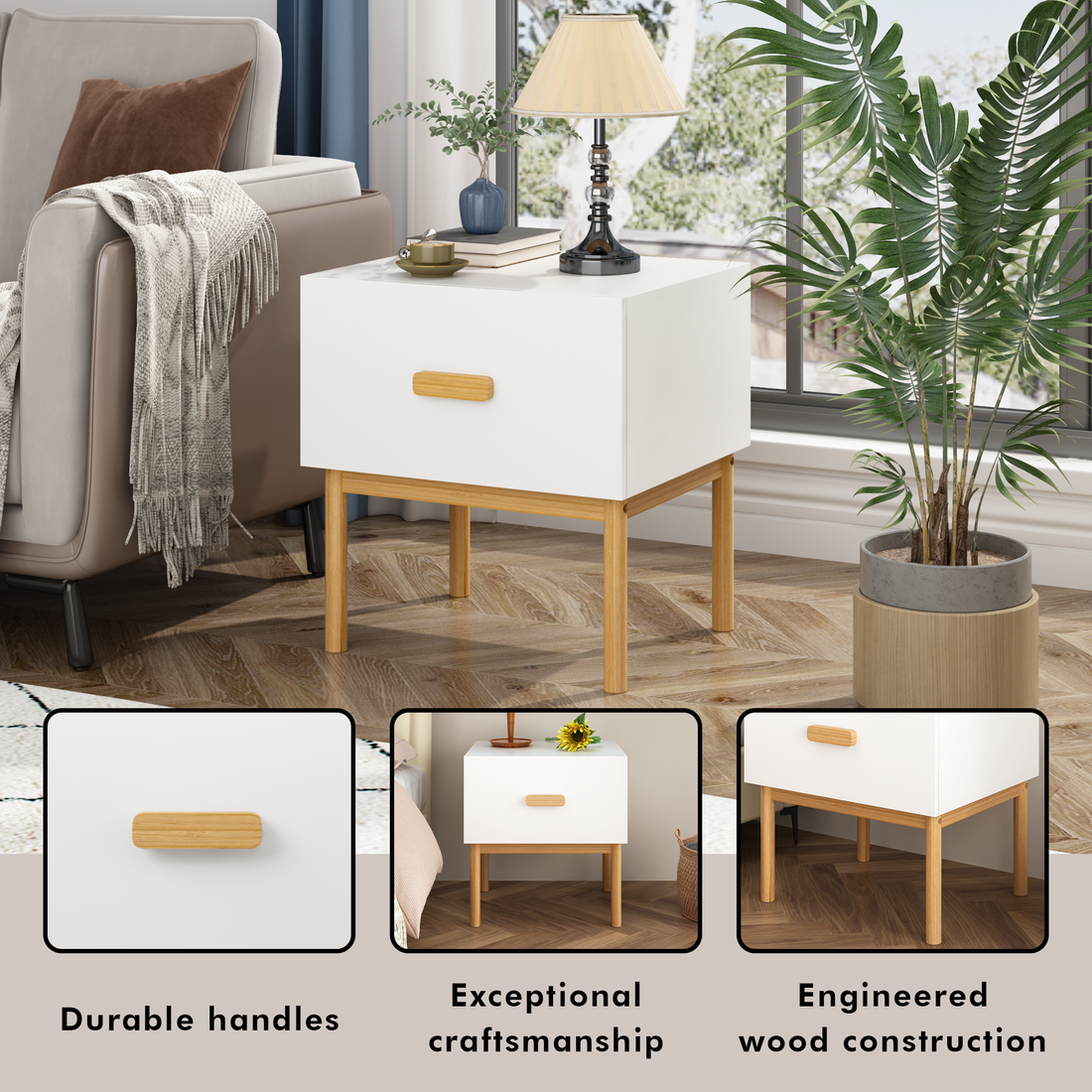 Quiet Bedside — Minimalist White Nightstand with Wood Legs