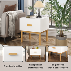 Quiet Bedside — Minimalist White Nightstand with Wood Legs