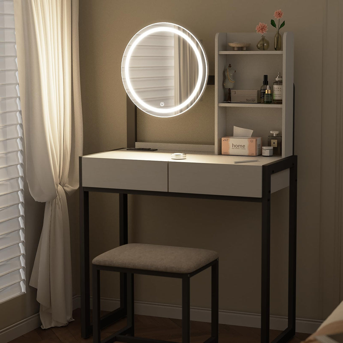 Quiet Hours — Lit Vanity Desk with Cushioned Stool