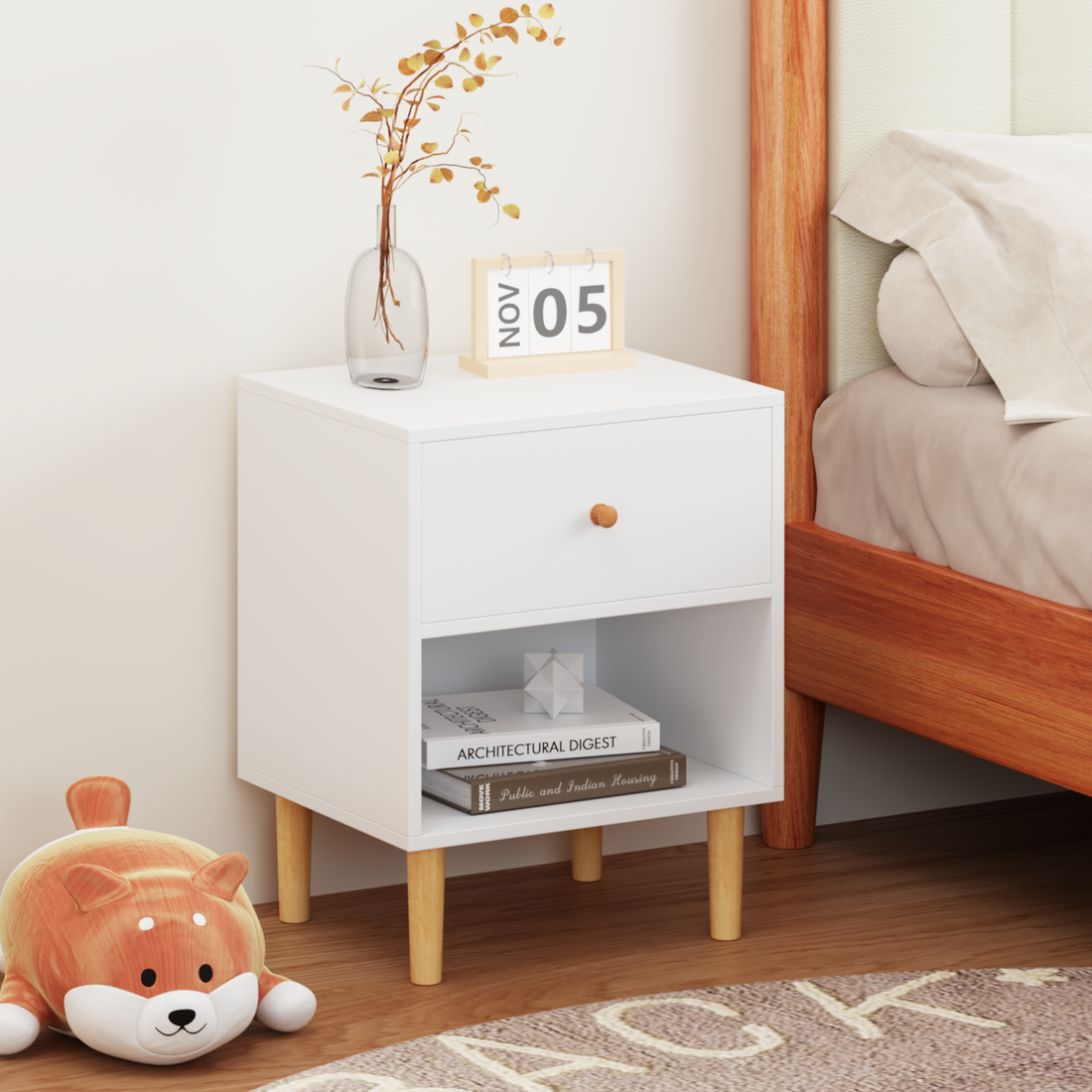 Bedside Companion — White Wooden Nightstand with Drawer