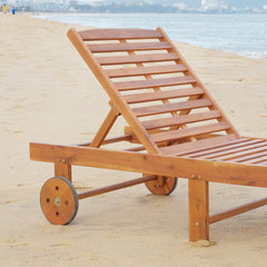 Sun Lounger — Acacia Wood Chaise with Wheels