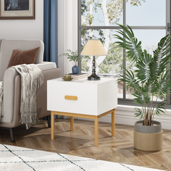 Quiet Bedside — Minimalist White Nightstand with Wood Legs