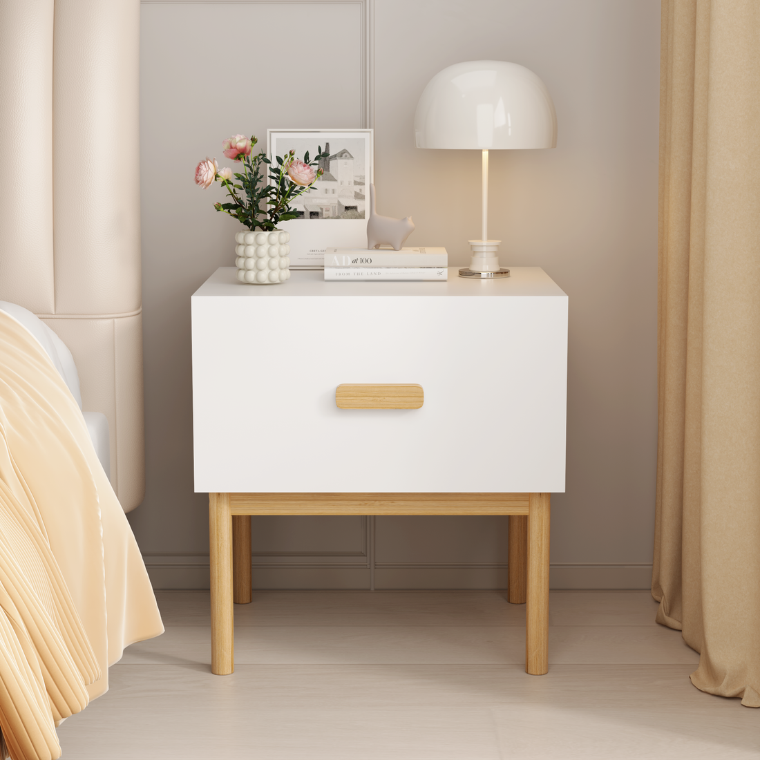 Quiet Bedside — Minimalist White Nightstand with Wood Legs