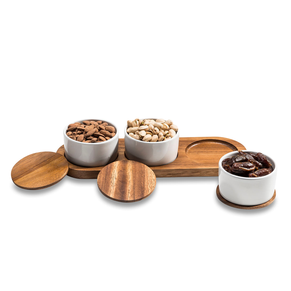 Tapas Trio — Ceramic Bowls on Acacia Wood Base