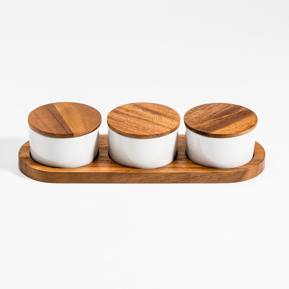 Tapas Trio — Ceramic Bowls on Acacia Wood Base