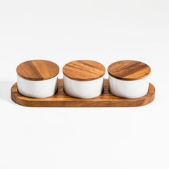 Tapas Trio — Ceramic Bowls on Acacia Wood Base