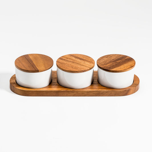 Tapas Trio — Ceramic Bowls on Acacia Wood Base