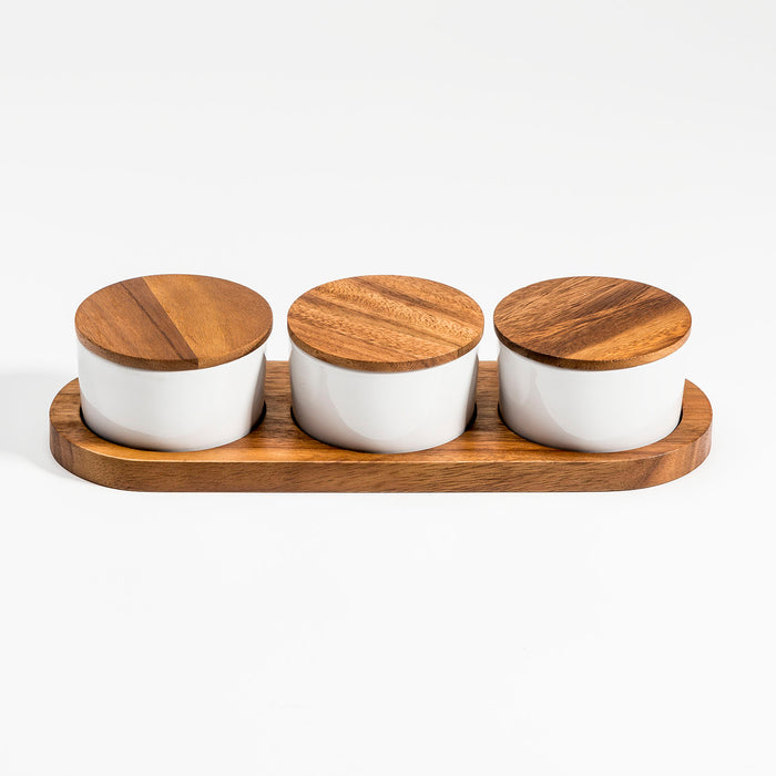 Tapas Trio — Ceramic Bowls on Acacia Wood Base