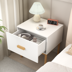 Quiet Bedside — Minimalist White Nightstand with Wood Legs