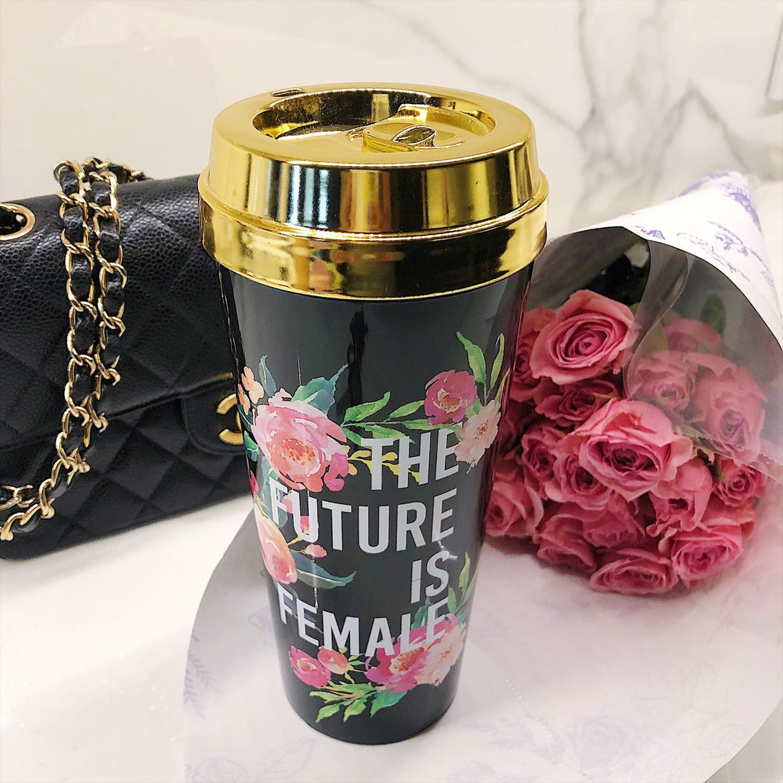 Future Is Female — Gold-Lid Insulated Travel Mug